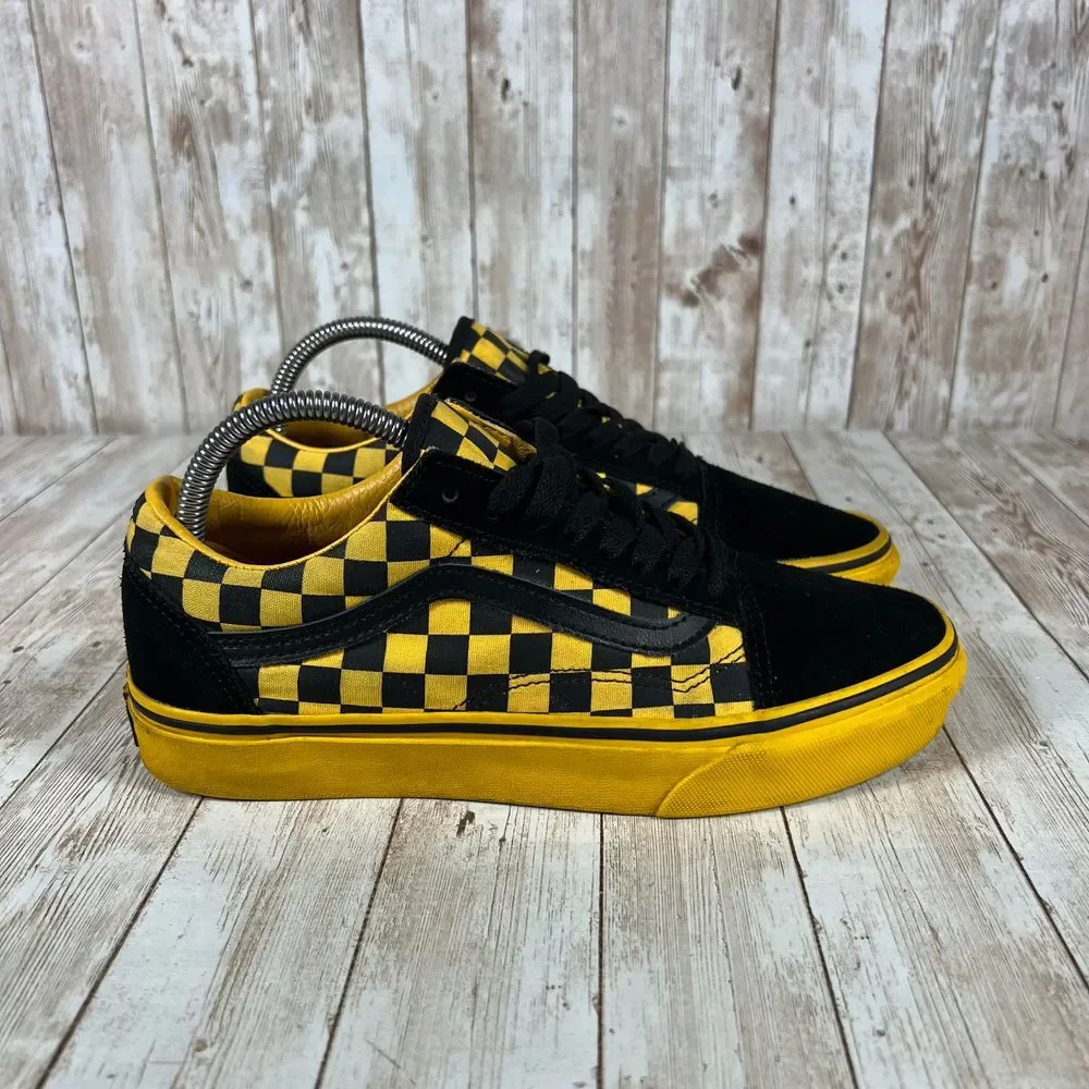 Vans Old Skool Black Yellow Checkered Pattern Shoes Sneakers Men's 7 Women's 8.5